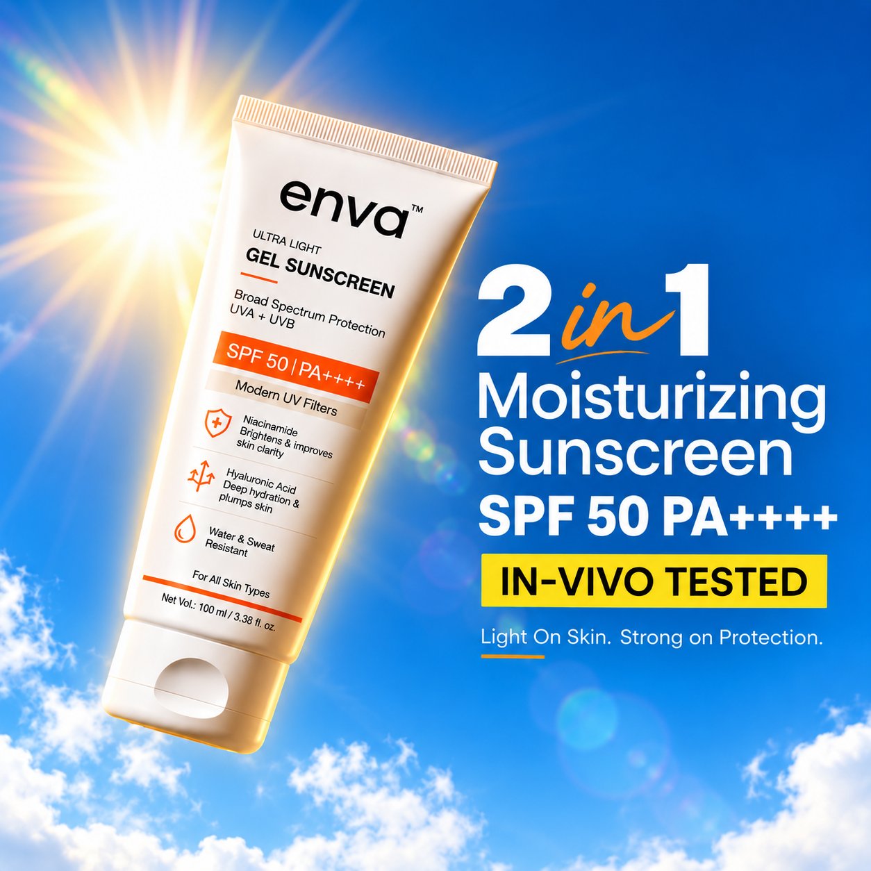 Enva sunscreen shown as a 2-in-1 moisturizer and SPF 50 PA++++ sunscreen
